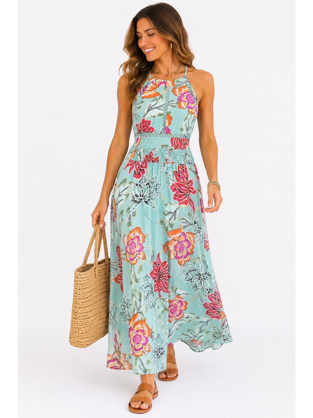 Jaase Blue Floral Halter Maxi Dress Open Back Rayon Boho Size M